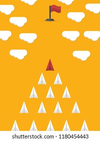 Leadership concept with red plane and white ones. teamwork and courage concept. Flat design. EPS 10 vector illustration, no transparency, no gradients.