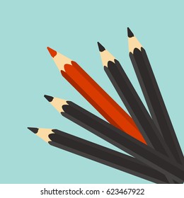 leadership concept. Red unique different pencil. Individuality, uniqueness, success.