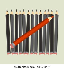 leadership concept. Red unique different pencil. Individuality, uniqueness, success.