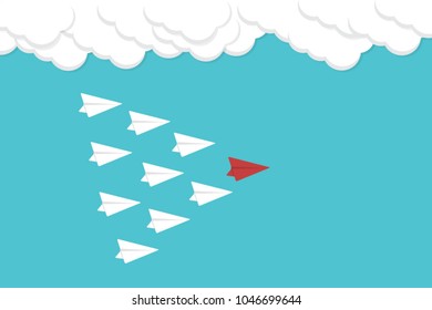leadership concept with red and white plane on blue sky. New idea, change, trend, courage, creative solution, innovation and unique way concept.