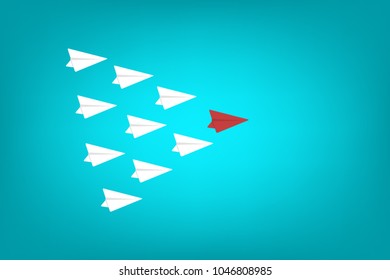 leadership concept with red and white plane on blue sky. New idea, change, trend, courage, creative solution, innovation and unique way concept. 