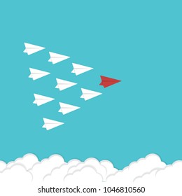 leadership concept with red and white plane on blue sky. New idea, change, trend, courage, creative solution, innovation and unique way concept. 