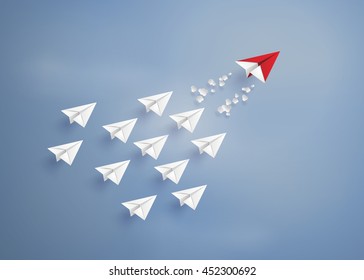 leadership concept with red and white  plane on blue sky.  digital craft and paper art style.