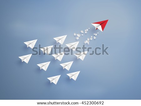 leadership concept with red and white  plane on blue sky.  digital craft and paper art style.