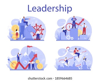 Leadership concept set. Manager leading a workteam. Strategy and business planning. Workers support each other. Idea of startup and success achievement. Isolated vector illustration