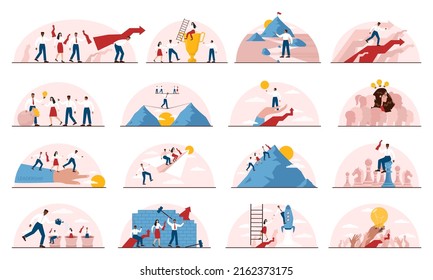 Leadership concept set. Manager leading a workteam. Strategy and business planning. Workers support each other. Idea of startup and success achievement. Flat vector illustration