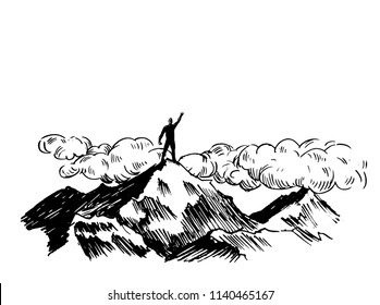 Leadership concept sketch,leading man  standing in top of a mount,vector illustration