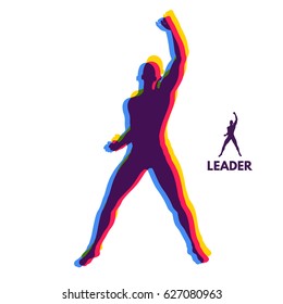 Concepto de liderazgo. Hombre de pie. Humano con el brazo arriba. Silhouette para el campeonato deportivo. La celebración de la victoria. Ilustración vectorial.