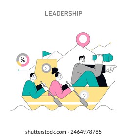 Leadership concept. A team in a boat with a leader using a spyglass to navigate. Teamwork, goal setting, and strategy in a stylized representation. Vector illustration.