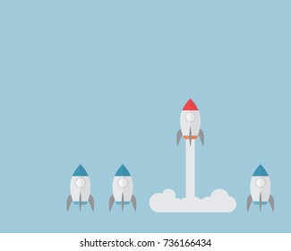 Leadership concept, Think differently, Rocket ships flat design style, One rocket ship flying above 3 rocket ships, Team leader, Vector illustration