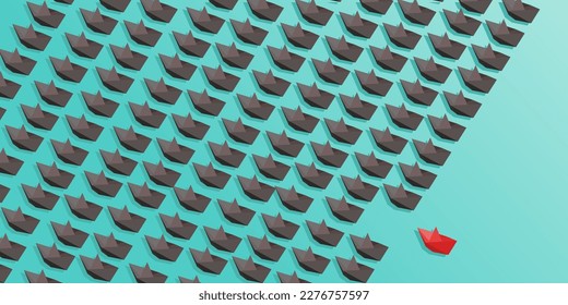 Leadership concept, thinking outside the box, teamwork and courage concept. Unique red and many white isometric paper ships on turquoise sea.