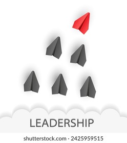 Leadership concept. Unique red leader paper plane lead other with word LEADERSHIP. Vector illustration