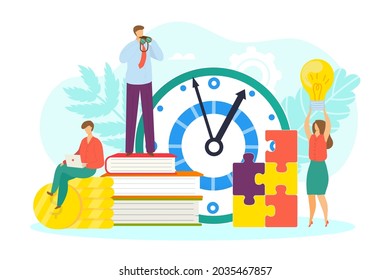 Leadership concept, vector illustration. Business work success by strategy, tiny man woman character near clock, book, puzzle. Female person