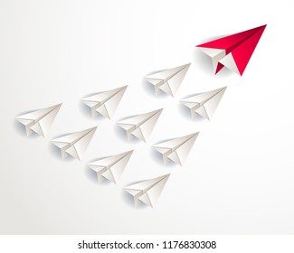 Leadership concept visualized with origami folded plane toys one of them is flying in the front and leading the team group, vector modern style 3d illustration.