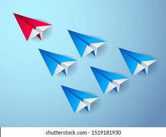 Leadership concept visualized with origami folded plane toys one of them is flying in the front and leading the team group, vector modern style 3d illustration.