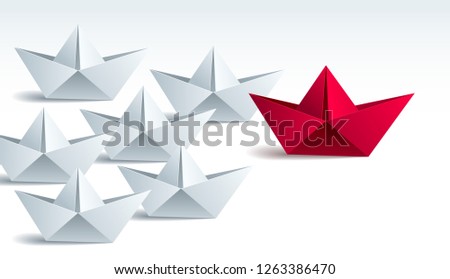 Leadership concept visualized with origami folded ship toys one of them is swimming in the front and leading the team group, vector modern style 3d realistic illustration.
