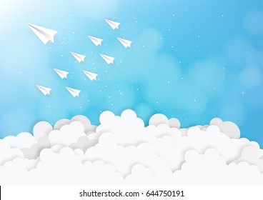Leadership concept with white paper plane on blue sky. paper art style. Vector illustration
