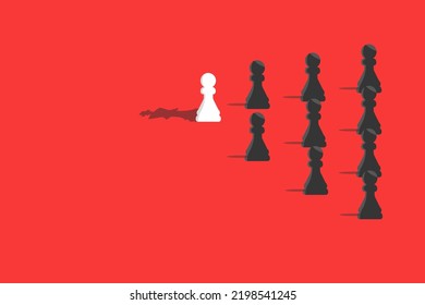 Leadership concept, white pawn of chess with king shadow, standing out from the crowd of black pawns