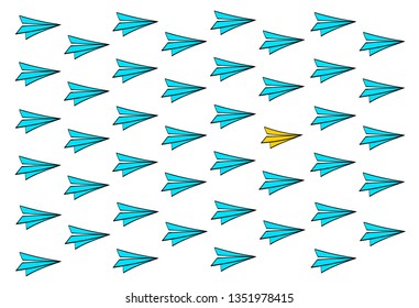Leadership concept with Yellow paper plane leading among Blue paper planes on White background Vector.