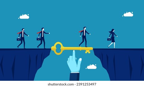 Leadership concepts to overcome obstacles. Businessman manager uses key as bridge to connect cliff gap 