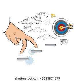 Leadership conceptual illustration featuring hand climbing up the stairs