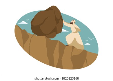Leadership, conquest, goal achievement, success, business concept. Young muslim arab businessman clerk manager climbing on mountain moving stone obstacle. Startup difficulties and goal achievement.