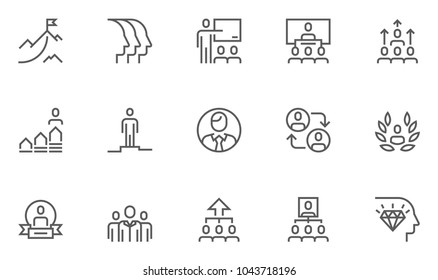 Leadership and Corporate Management Vector Flat Line Icons Set. Collaboration, Career Growth, Striving for Victory, Winner. Editable Stroke. 48x48 Pixel Perfect.