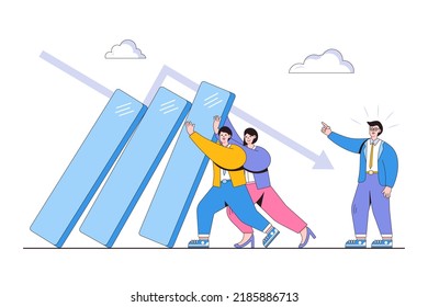 Leadership and courage to survive crisis, teamwork to help win corporate success, and challenge concepts. Businessman manager lead team to push falling bar graph to defend from economic risk.