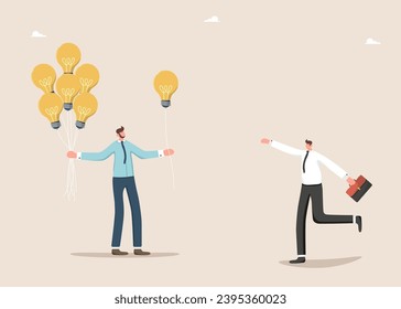 Leadership in creating brilliant ideas to grow business or overcome challenges, intelligence or creativity to achieve goals, mentoring for innovation, the leader gives the employee a light bulb ballon - Shutterstock ID 2395360023