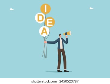 Leadership in creating brilliant ideas to grow business or overcome challenges, intelligence or creativity to achieve goals, mentoring for innovation, man with loudspeaker holds balloons with idea.