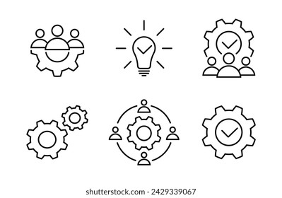 Leadership, creative, process and brainstorming symbols in flat style. Business line icon set on a white background. Simple abstract icons. Vector illustration for graphic design, web, mobile app, ui.
