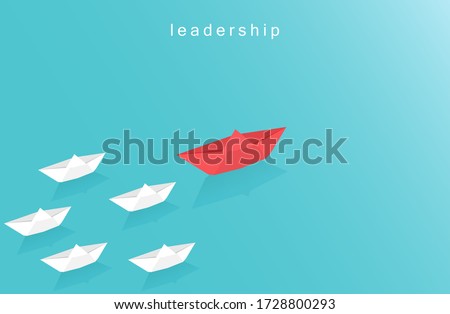 Leadership design concept in business with paper boat symbol. origami boat sailing in blue ocean. Visionary leading team. Paper art style vector illustration