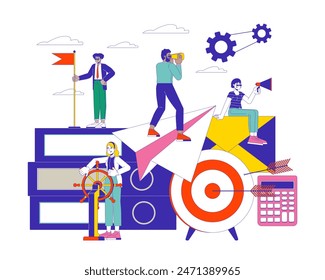 Concepto de ilustración lineal 2D de desarrollo de liderazgo. Equipo multiétnico de empresarios personajes de dibujos animados aislados en blanco. Éxito y logros metáfora abstracta Vector plano contorno gráfico