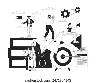 Leadership development black and white 2D illustration concept. Multiethnic team of businesspeople cartoon outline characters isolated on white. Success and achievements metaphor monochrome vector art