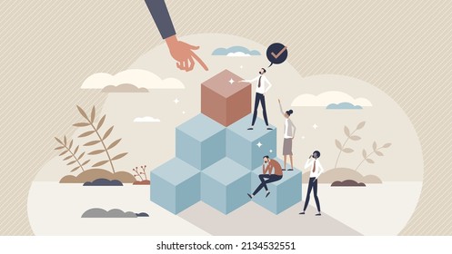 Leadership development and employee career improvement tiny person concept. Businessman goal ambitions target achievement with successful professional performance and boss skills vector illustration.