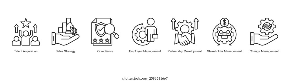 Leadership Development Icon Change Management, Talent Acquisition, Sales Strategy, Compliance, Employee Management, Partnership Development, Stakeholder Management