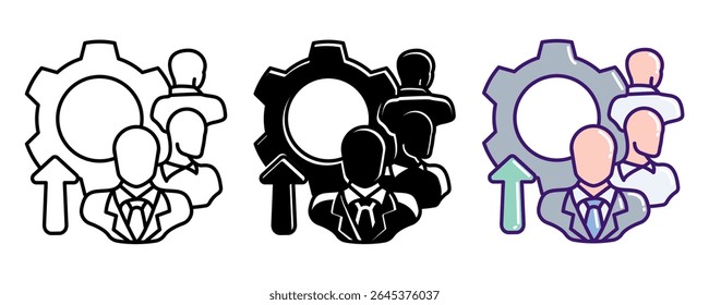 Leadership Development icon represented by leader, gear, up arrow Line, Filled, Color style.