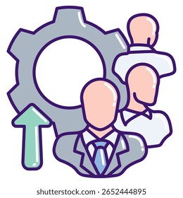 Leadership Development icon represented by leader, gear, up arrow Lineal Color style.