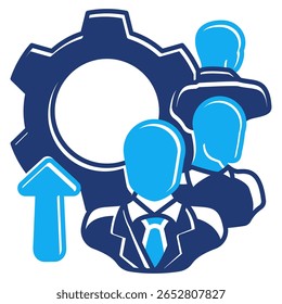 Ícone Desenvolvimento de liderança representado por líder, engrenagem, seta para cima estilo Dualtone.