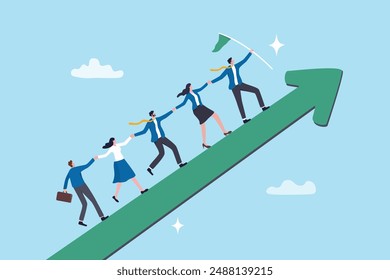 Leadership development, team success or motivation to lead team to reach goal, improvement or progress, growing together concept, businessman and woman team holding hand walk up rising growth arrow.