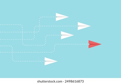 Leadership or different concept. Business investment to success. Red and white paper airplane  route line on blue background.