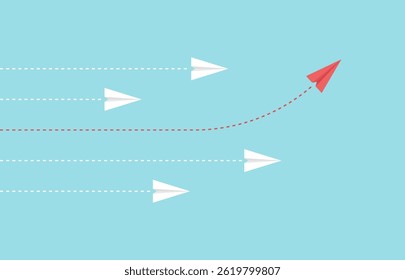 Leadership or different concept. Business investment to success. Red and white paper airplane  route line on blue background.