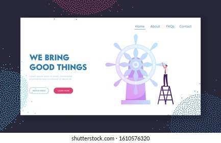 Leadership Direction, Corporate Governance Website Landing Page. Businessman Stand on Ladder Moving Huge Steering Wheel Bringing Company to Success Web Page Banner. Cartoon Flat Vector Illustration