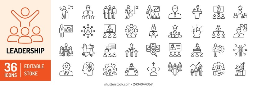 Leadership editable stroke outline icons set. Leader, management, organization, leadership, guidance, meeting, teamwork, vision responsibility and coaching. Vector illustration.