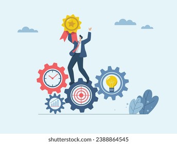 Leadership in effective work processes, Links of business mechanisms in an organization or company, Successful businessman holding trophy standing on cogwheel, light bulb, target, clock.