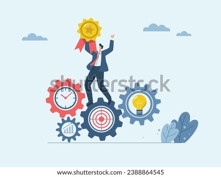 Leadership in effective work processes, Links of business mechanisms in an organization or company, Successful businessman holding trophy standing on cogwheel, light bulb, target, clock.