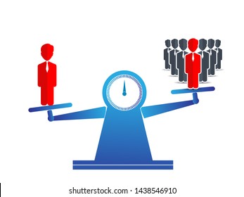 Leadership and experience of the one outweighs group of others. Flat style vector illustration isolated on white background.