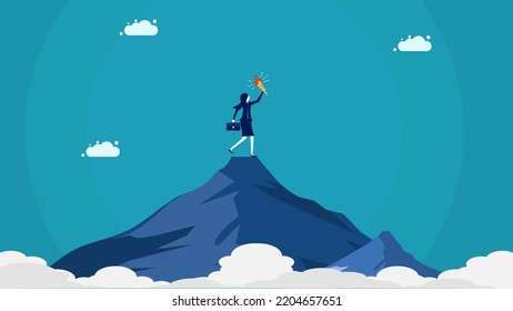 Leadership. female leader holds a torch on top of a mountain. vector illustration