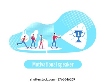 Ilustración vectorial de concepto plano de liderazgo. Palabra de altavoz motivacional. Logro profesional. Líder de equipo y compañeros de trabajo personajes de dibujos animados 2D para diseño web. Idea creativa de mentor de empresa