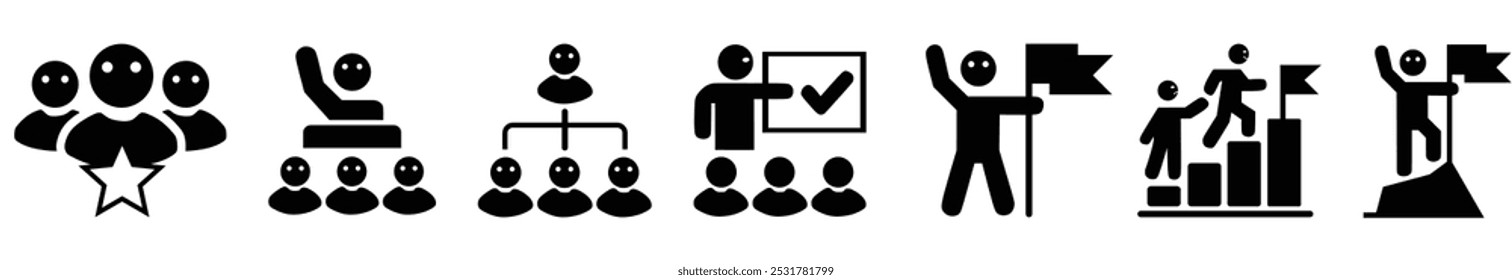 Conjunto de iconos planos de liderazgo. Contiene trabajo en equipo de negocios, gestión de la organización, gerente, hombre fuerte, capacitación, asociación, campaña, asesor, logro, jerarquía, éxito. Ilustración vectorial ۔